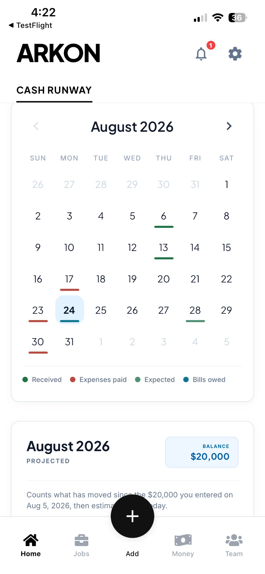 Cash runway calendar view