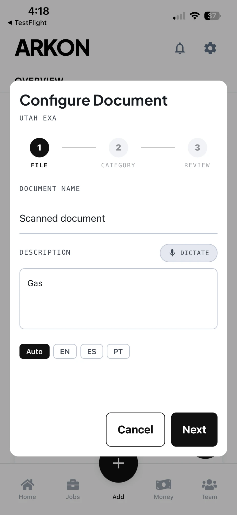 Adding a job document in the Arkon app