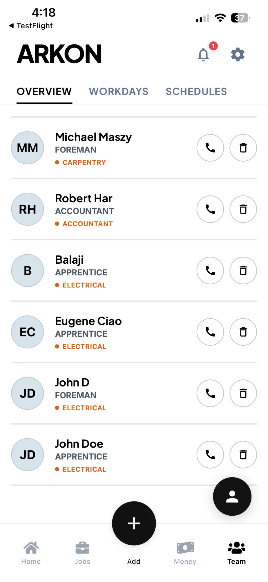 Crew and worker overview list