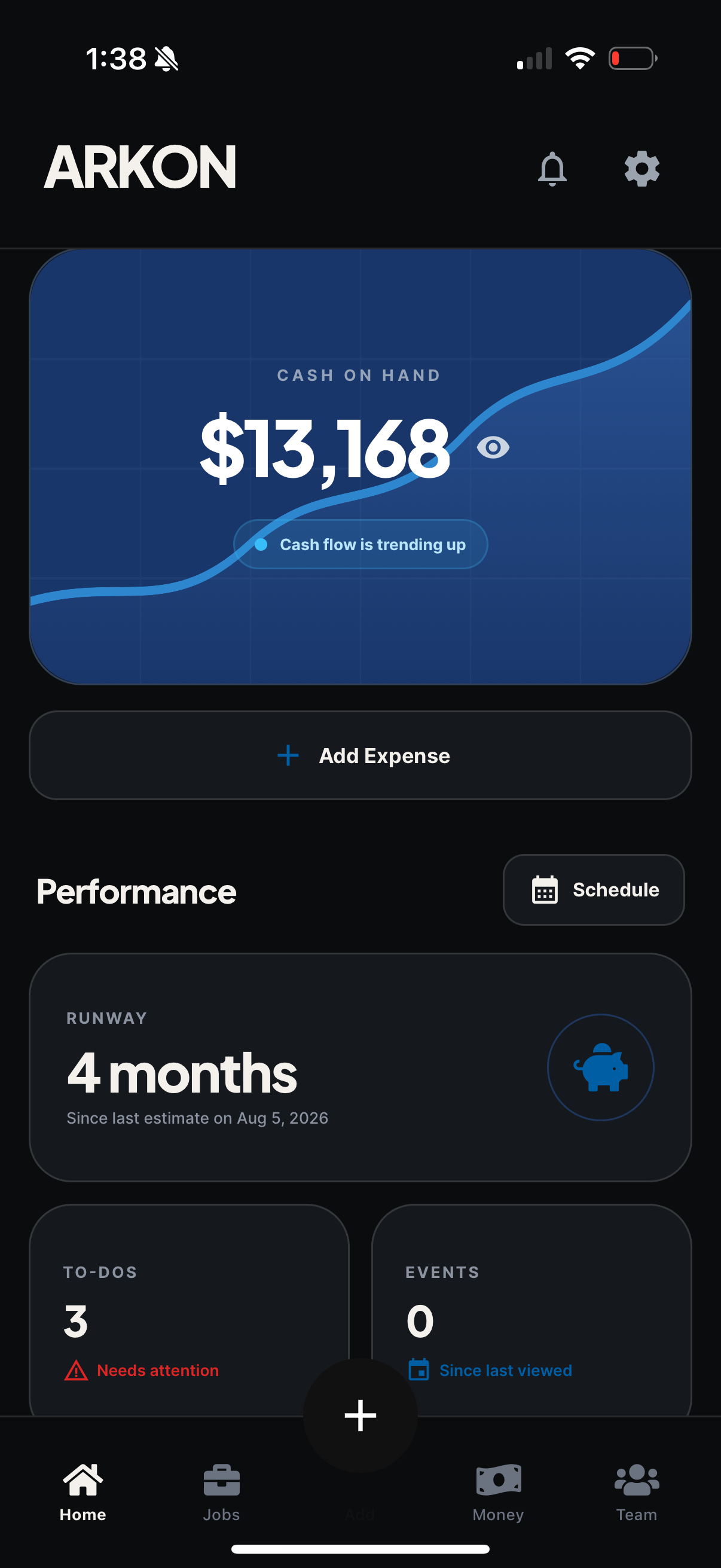 Arkon dashboard — cash on hand