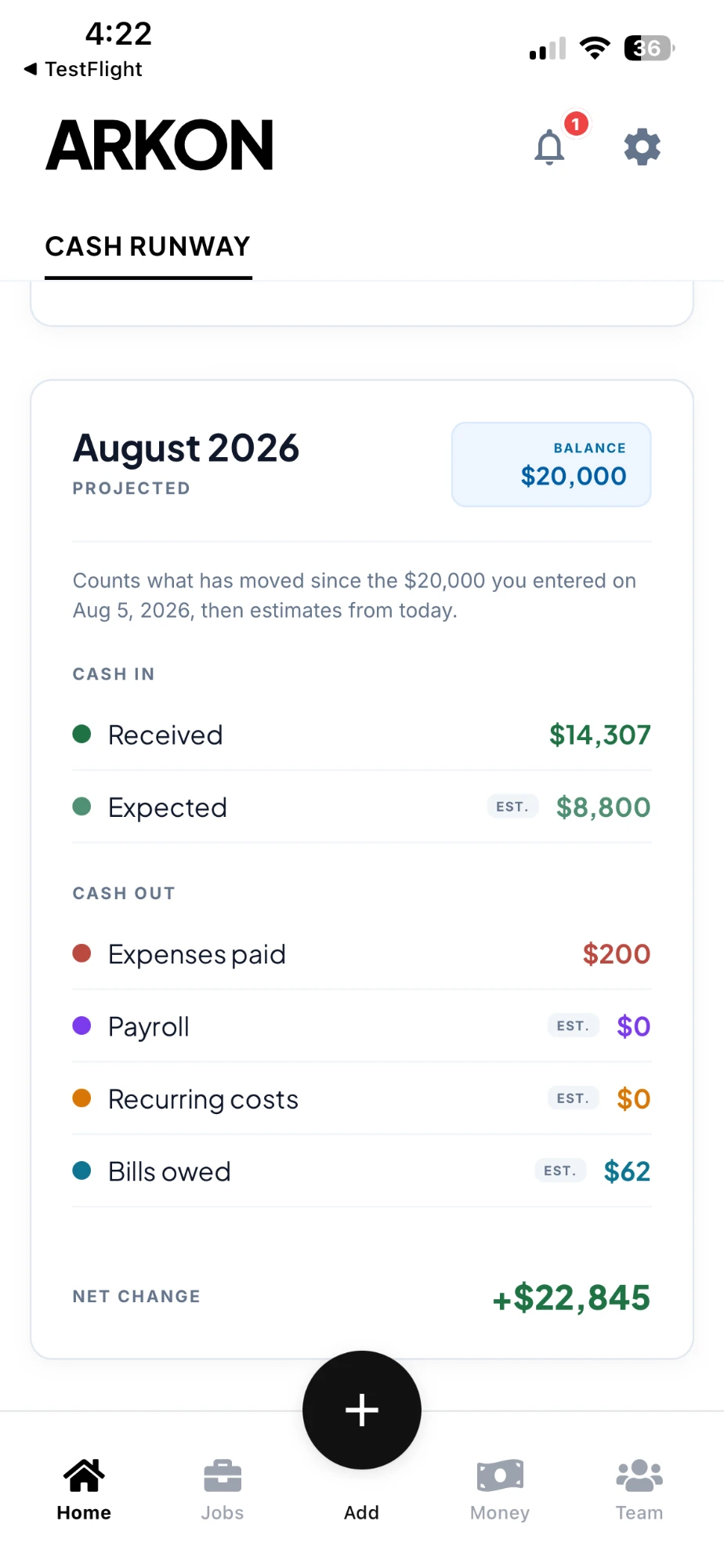 Arkon dashboard — cash runway