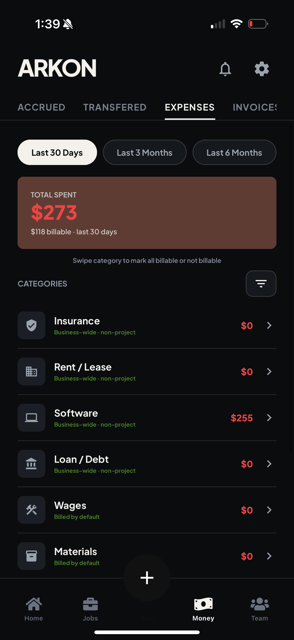 Expenses tab, categorized by job