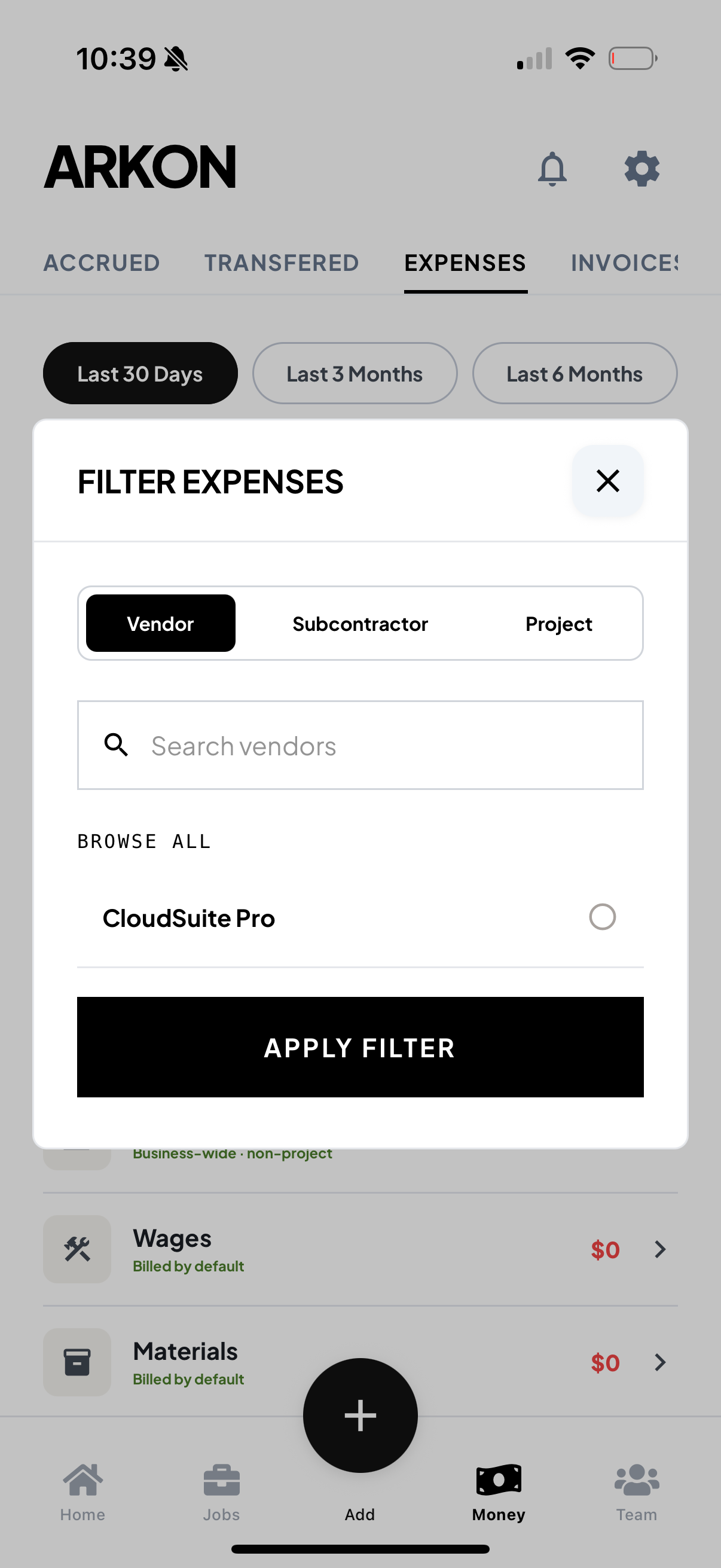 Filter expenses by vendor, subcontractor, or project