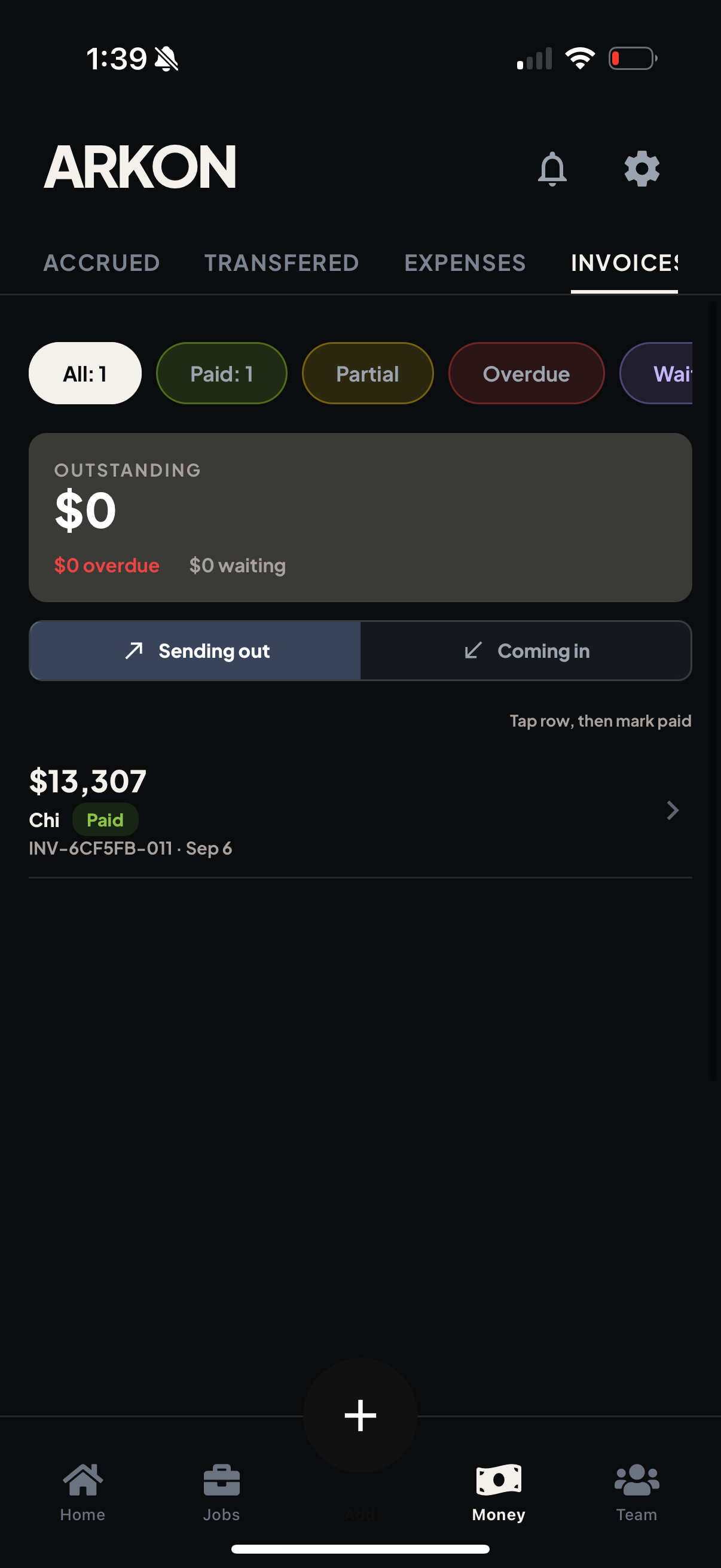 Invoices tab, status and payment records