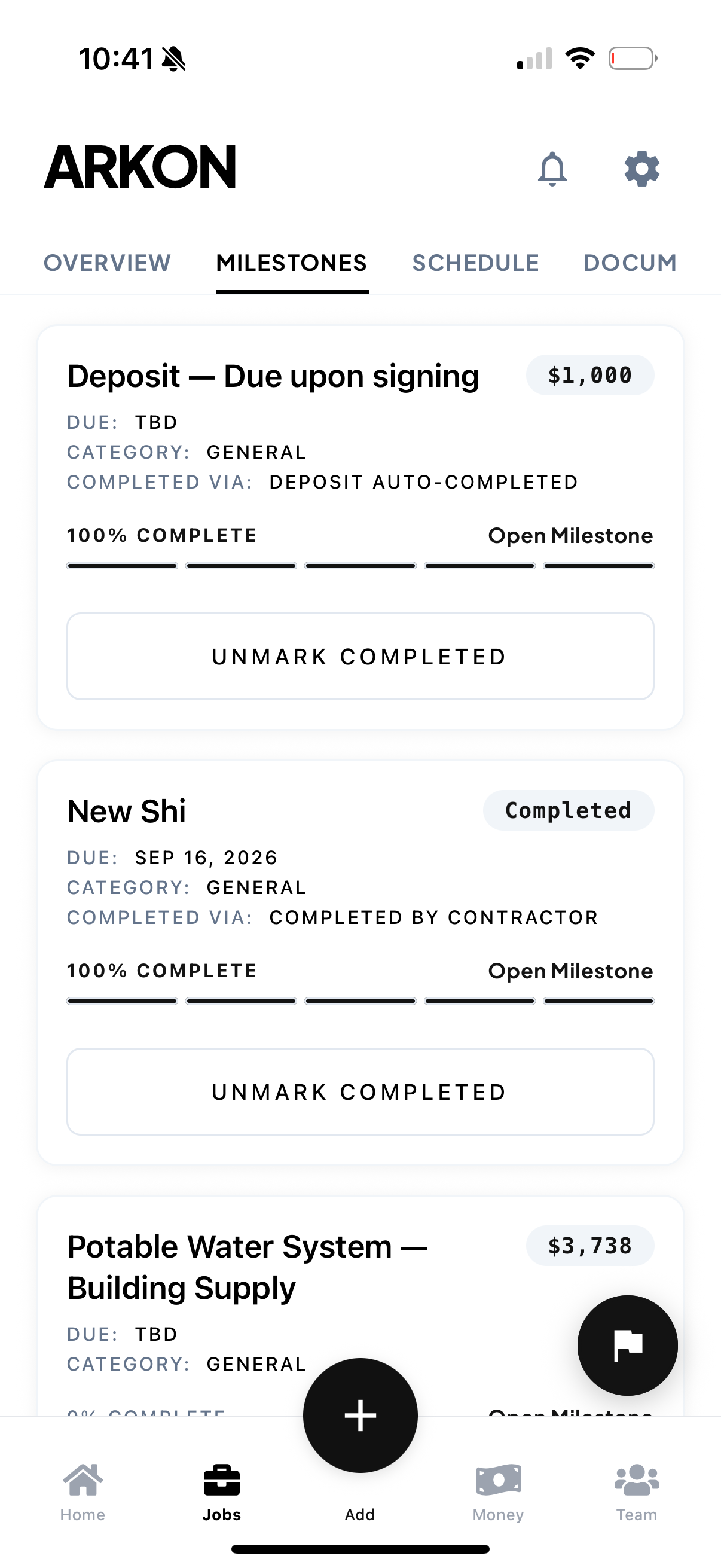 Job milestones in the Arkon app