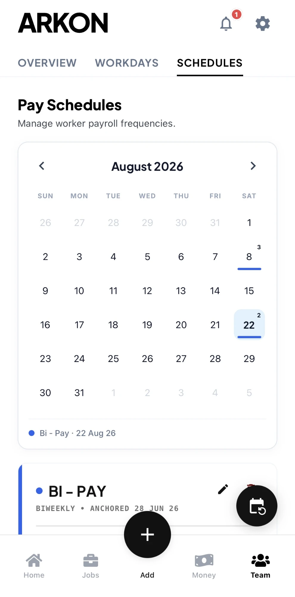 Crew and pay scheduling calendar in the Arkon app
