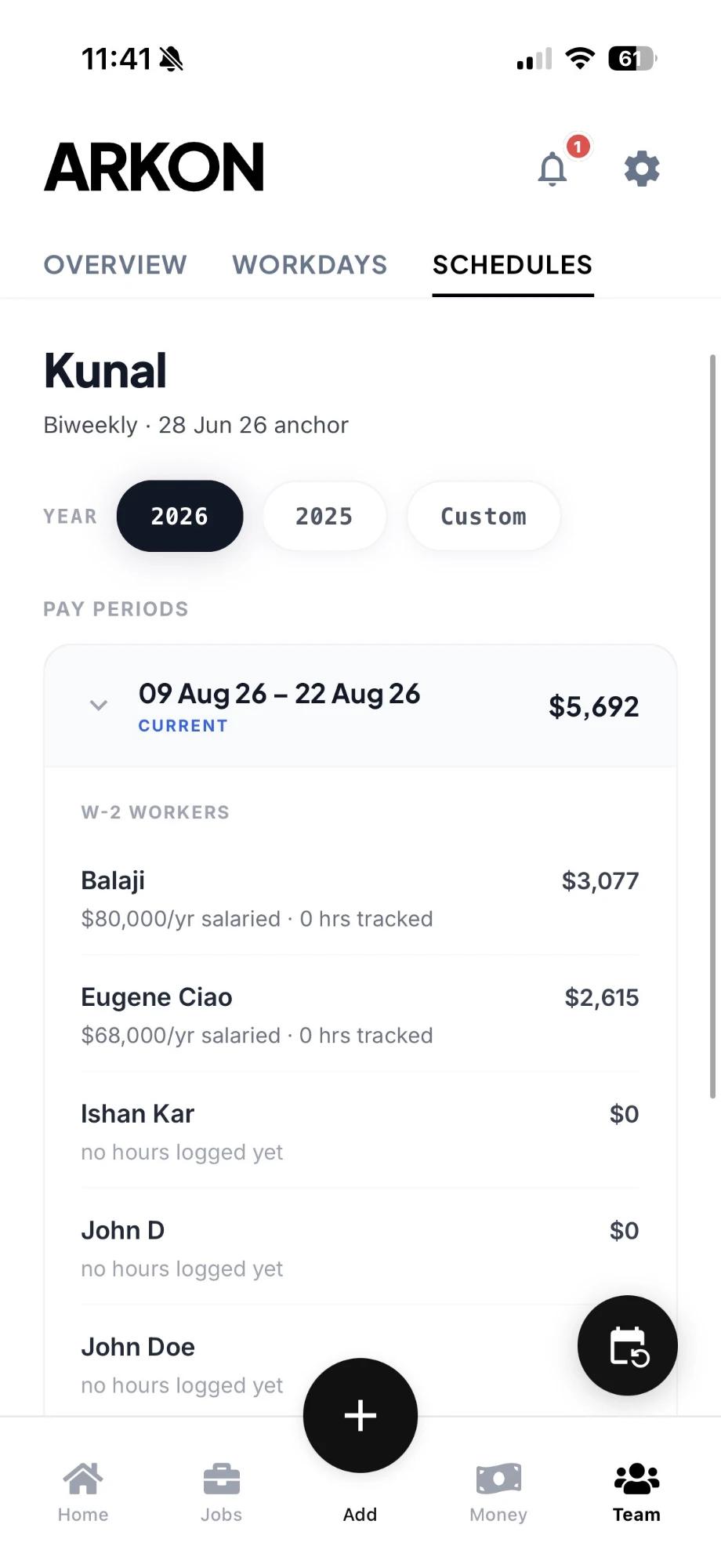 Payroll pay periods and worker pay in the Arkon app