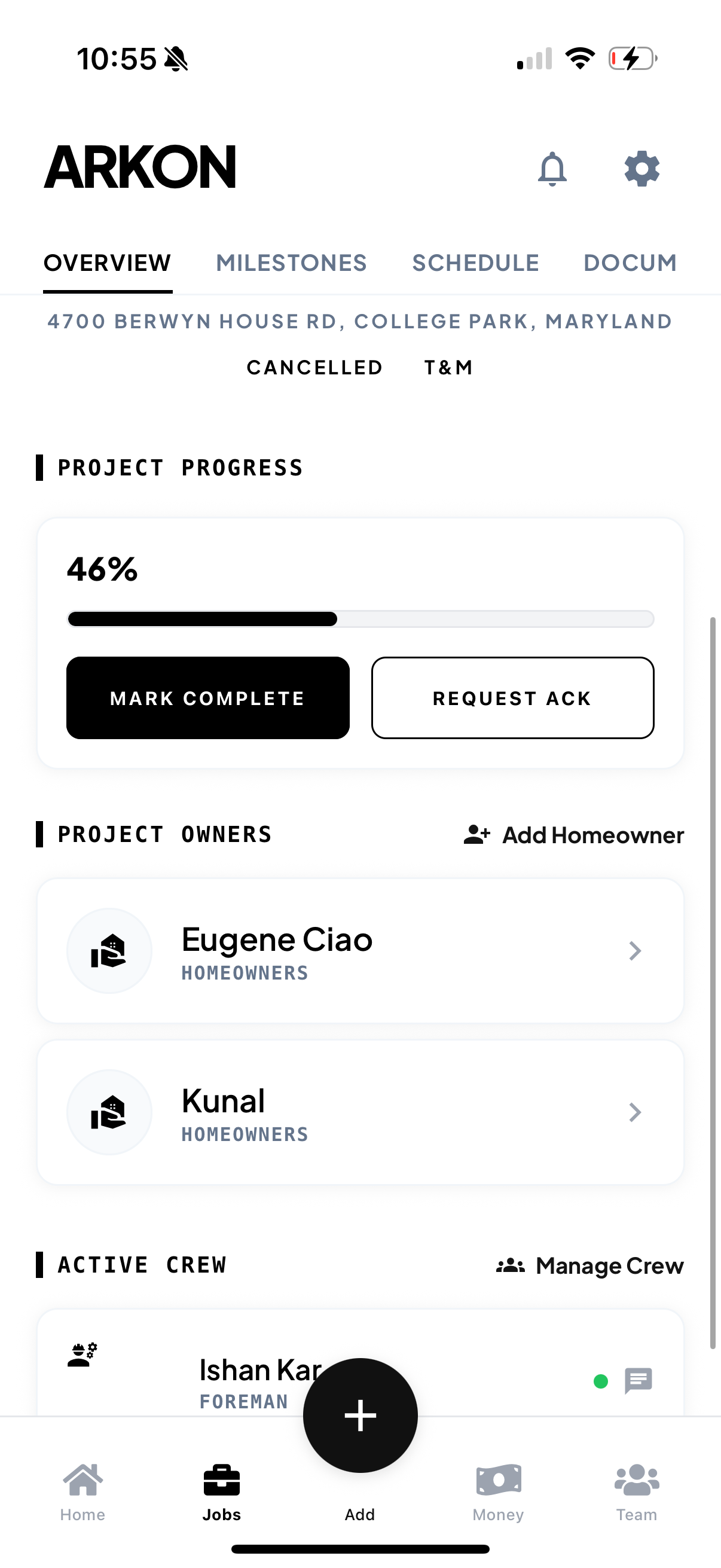 Project financial and milestone overview in the Arkon app