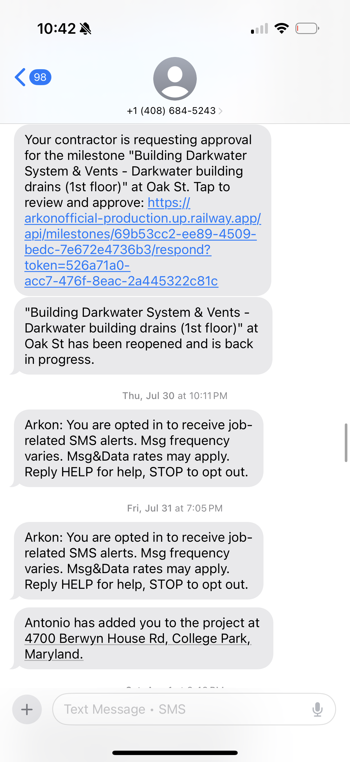 SMS thread with a homeowner in the Arkon app